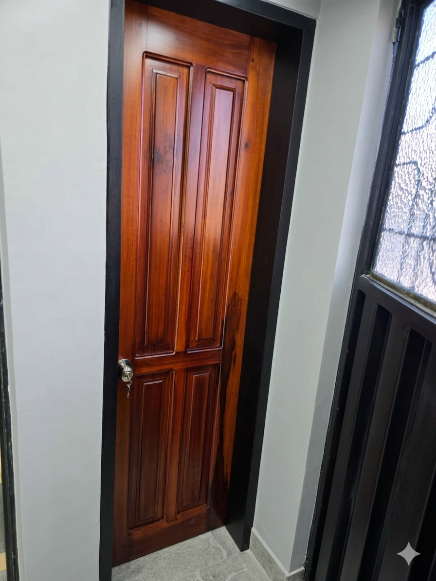 Puerta en MDF, tamborada y panelada a medida con acabado caoba — puertas en todo tipo de madera en Quito JOMAD